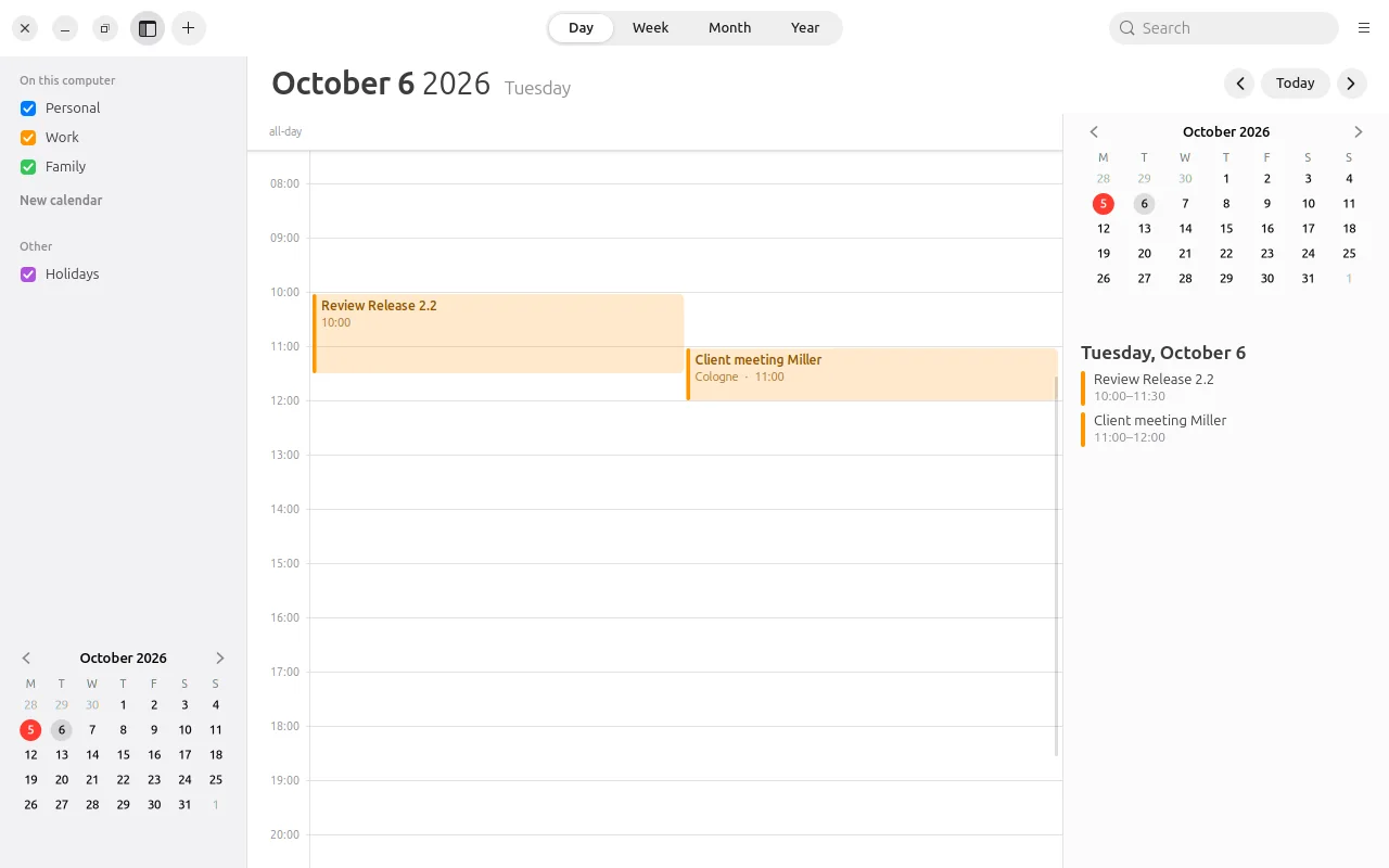Day view with timeline and day overview