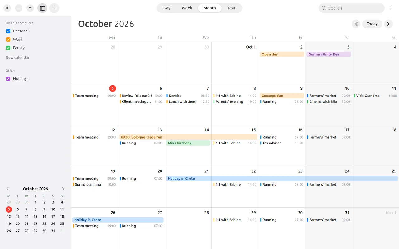 LiCal on Ubuntu: month view of October with events in calendar colours