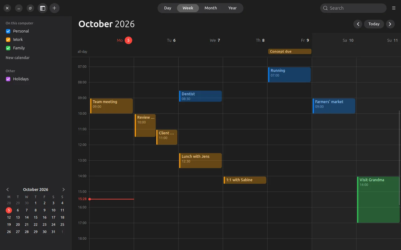 Week view in the dark appearance