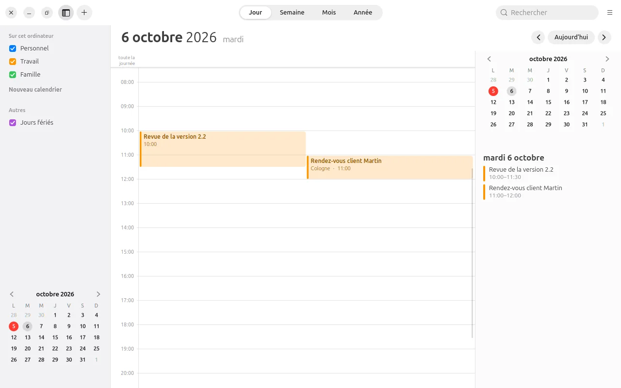 Vue quotidienne avec axe horaire et aperçu de la journée