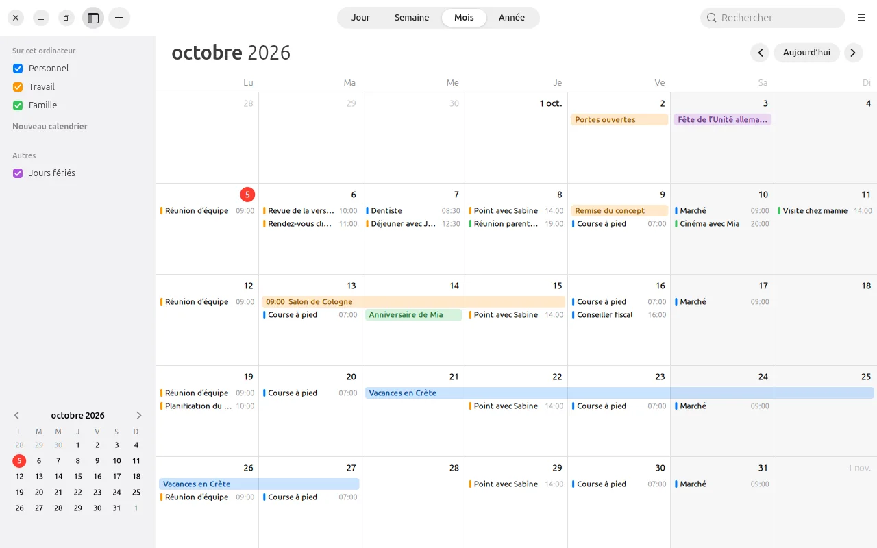 LiCal sous Ubuntu : vue mensuelle d’octobre avec des événements aux couleurs des calendriers