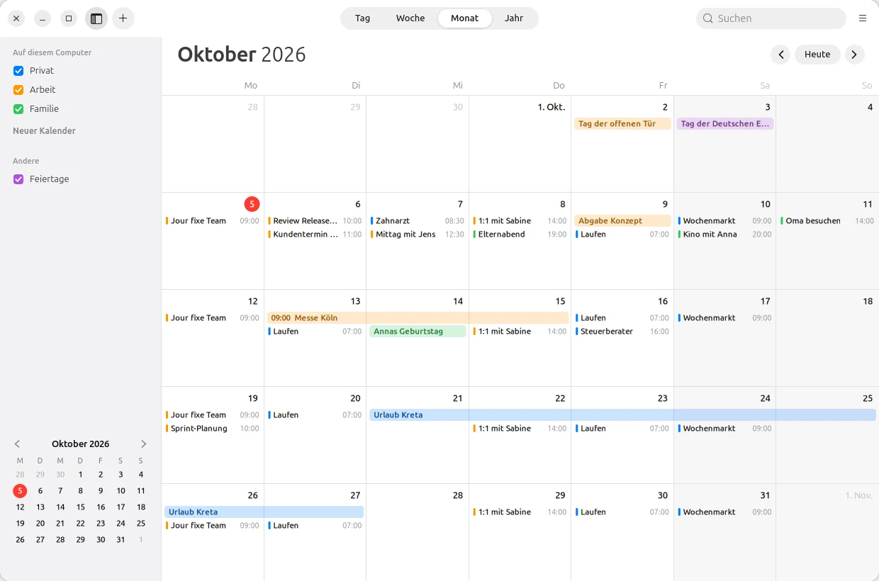 LiCal unter Ubuntu: Monatsansicht Oktober mit Terminen in Kalenderfarben