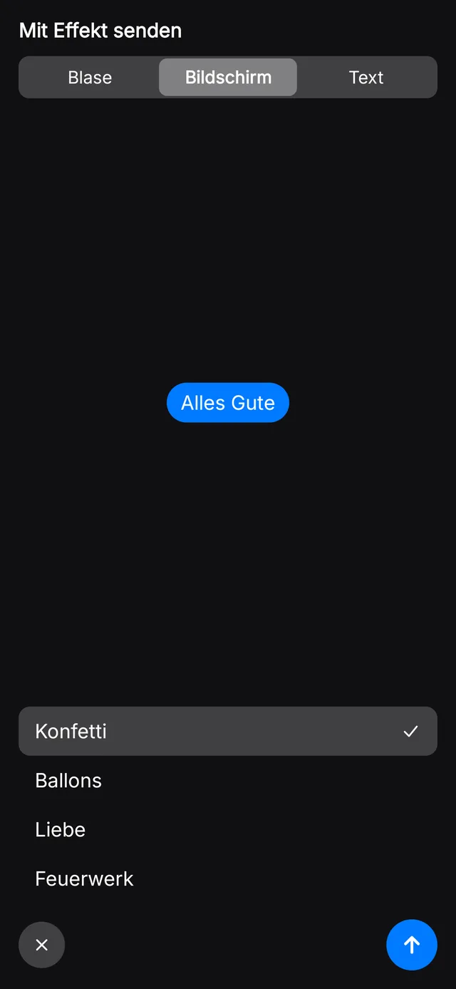 Auswahl der Effekte mit Vorschau der eigenen Nachricht