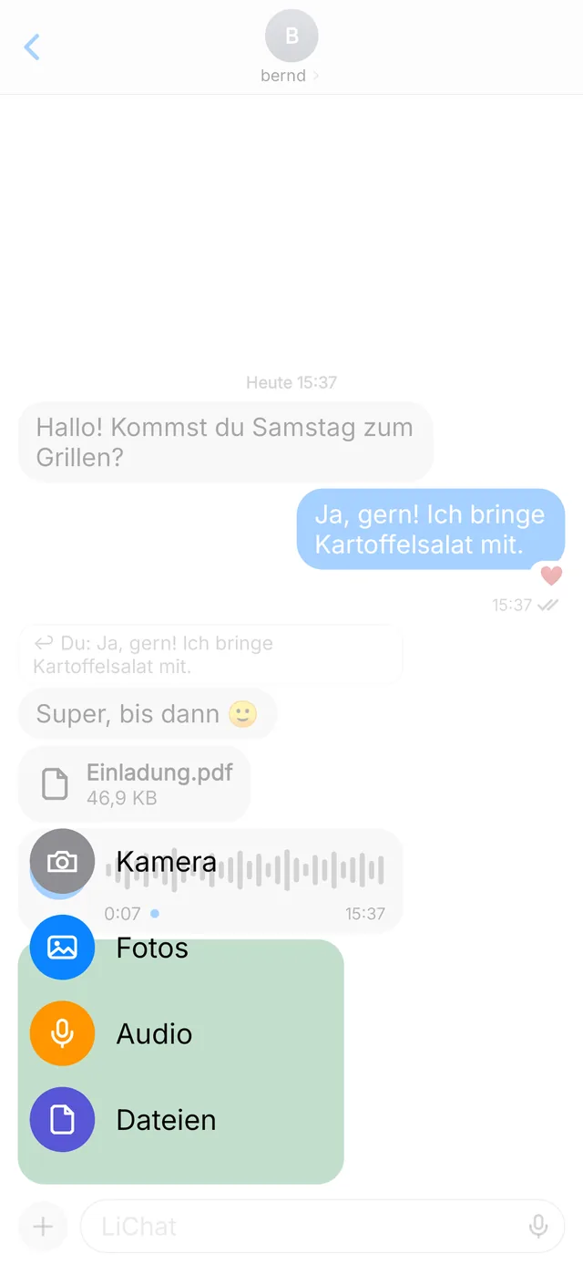 Das Plus-Menü: Kamera, Fotos, Audio, Dateien