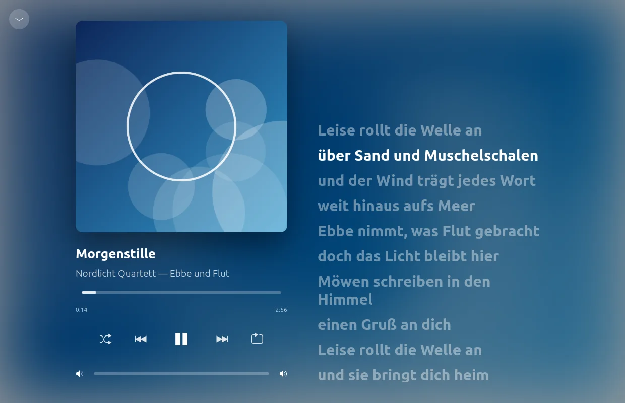 Full-screen player: large cover, blurred background, lyrics scrolling along