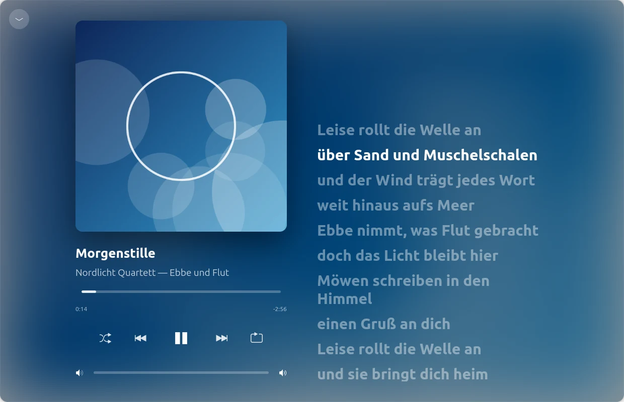 Vollbild-Player: großes Cover, unscharfer Hintergrund, mitlaufender Liedtext