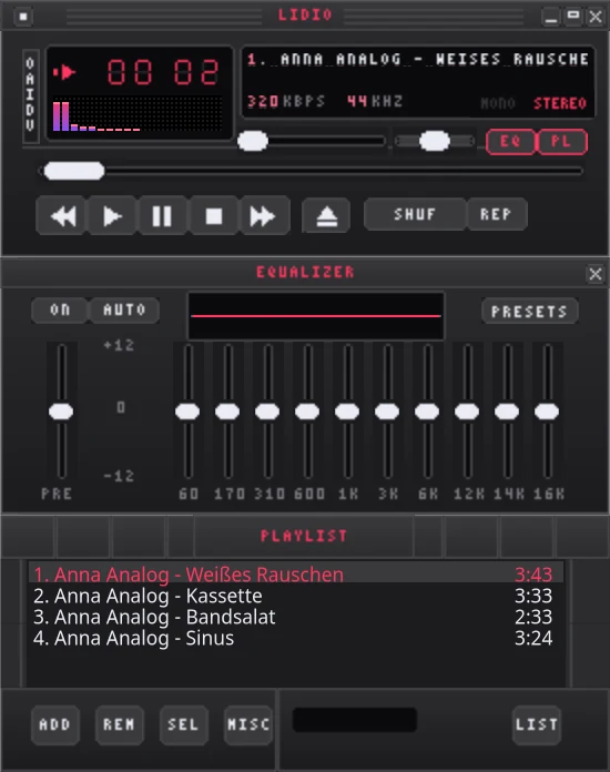 Winamp-Ansicht mit Hauptfenster, Equalizer und Playlist