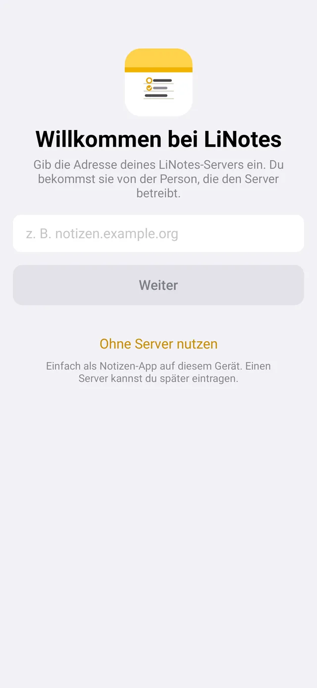 Startbildschirm der App mit Feld für die Serveradresse