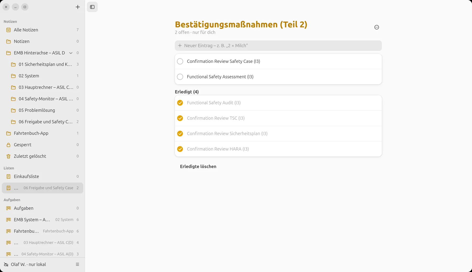 Liste Bestätigungsmaßnahmen mit offenen und erledigten Reviews