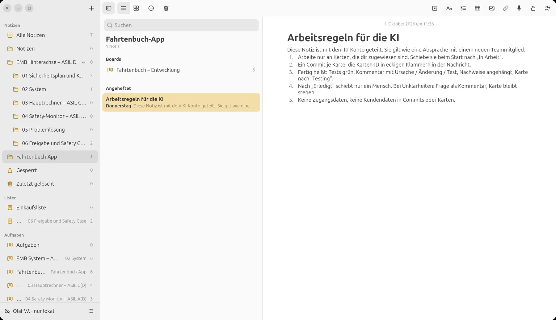 Notiz „Arbeitsregeln für die KI“ im Ordner Fahrtenbuch-App