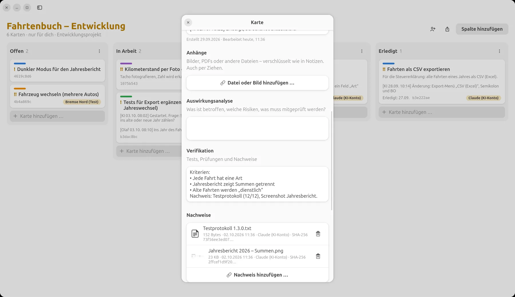 Dieselbe Karte: Verifikationskriterien und Nachweise – Testprotokoll und Screenshot mit Prüfsumme