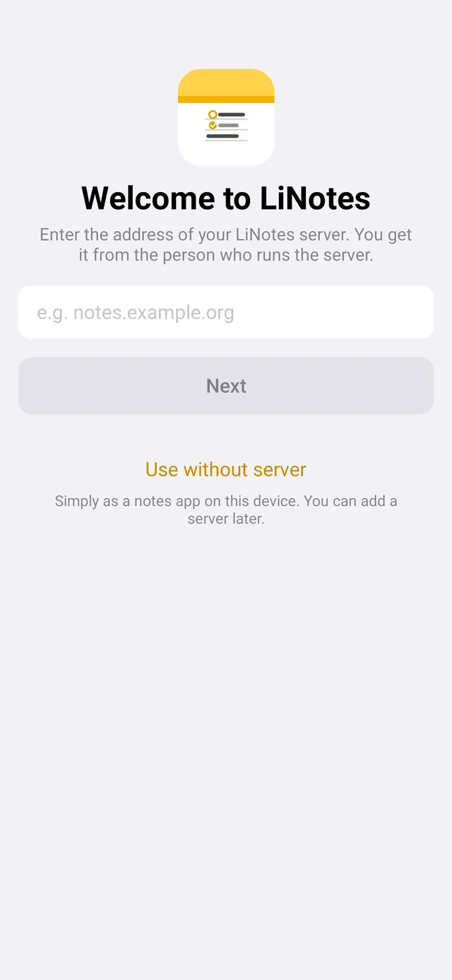 Start screen with field for the server address and “Use without server”
