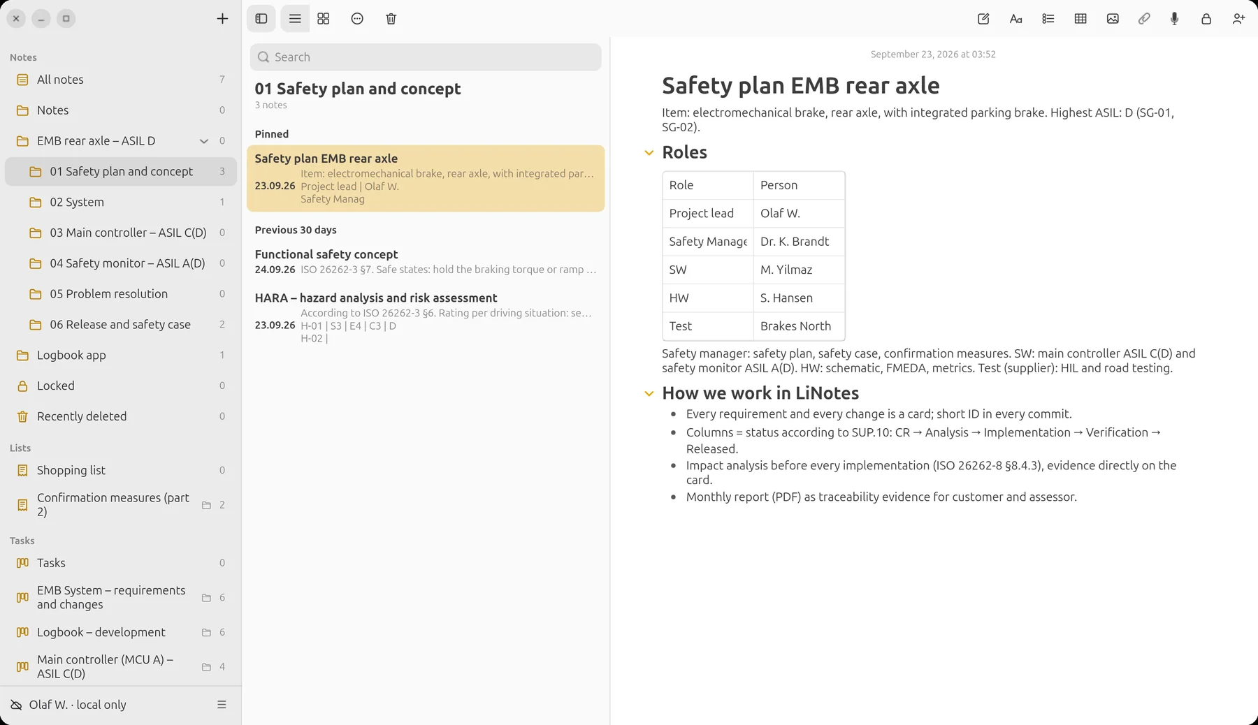 Safety plan in folder 01 with role table and way of working