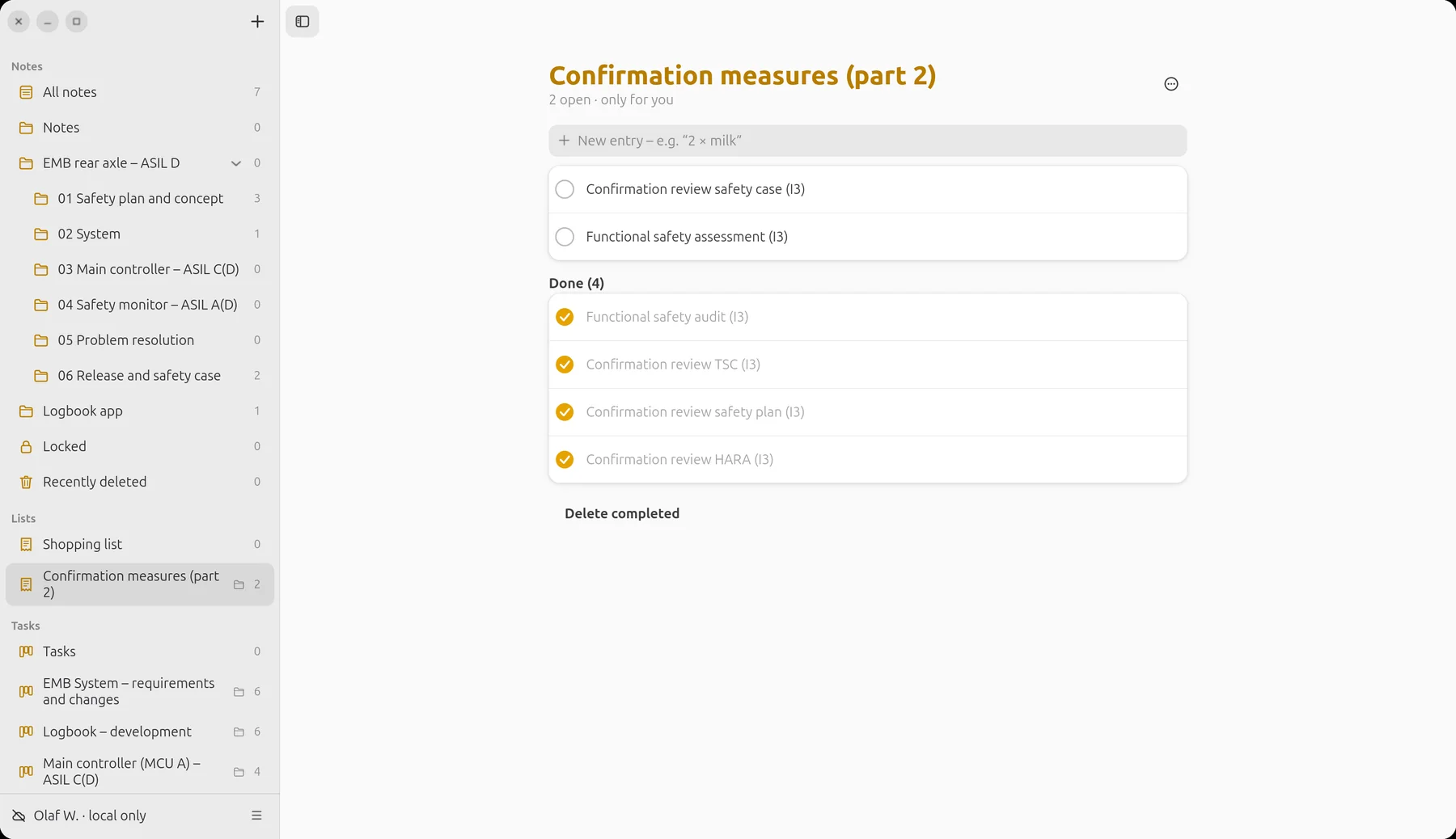 Confirmation measures list with open and completed reviews