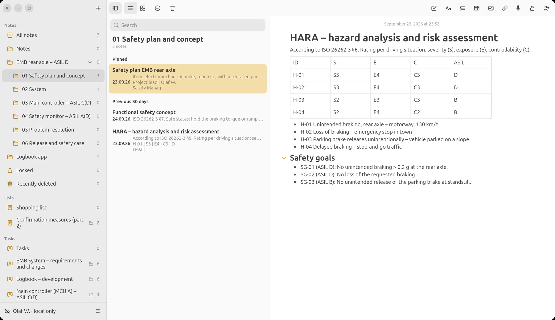 HARA note with S/E/C/ASIL table and safety goals