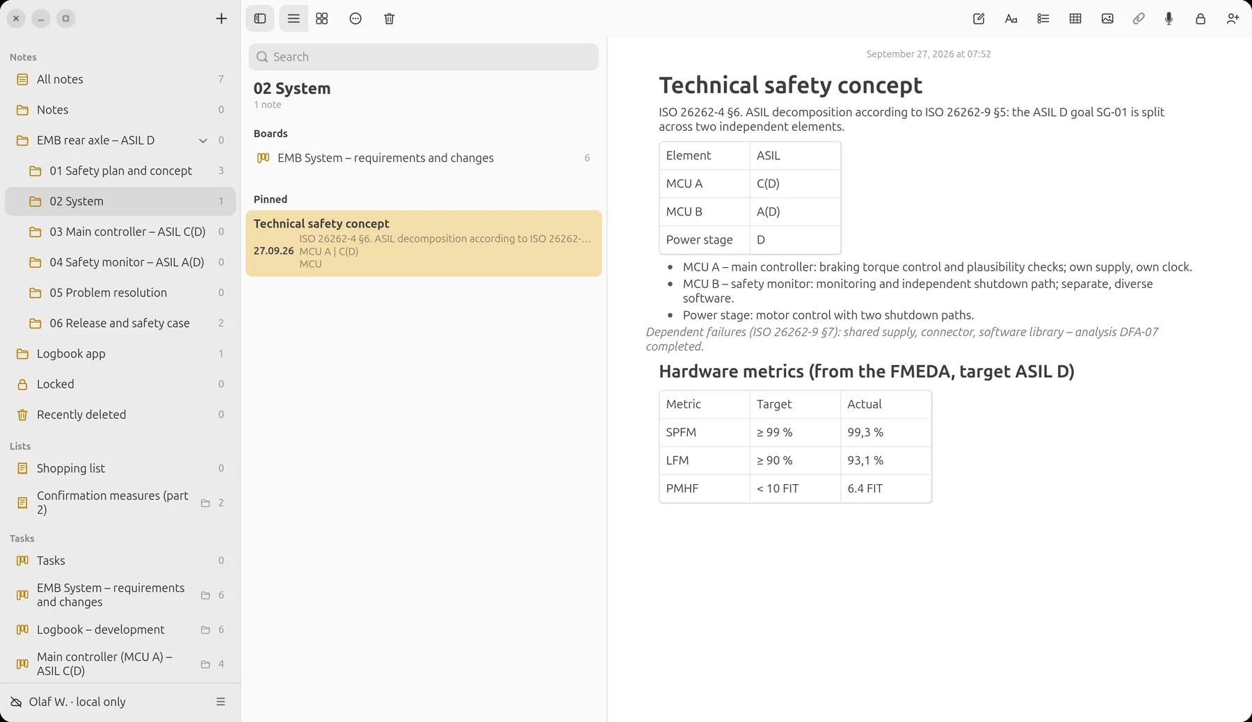 Technical safety concept with decomposition table and hardware metrics