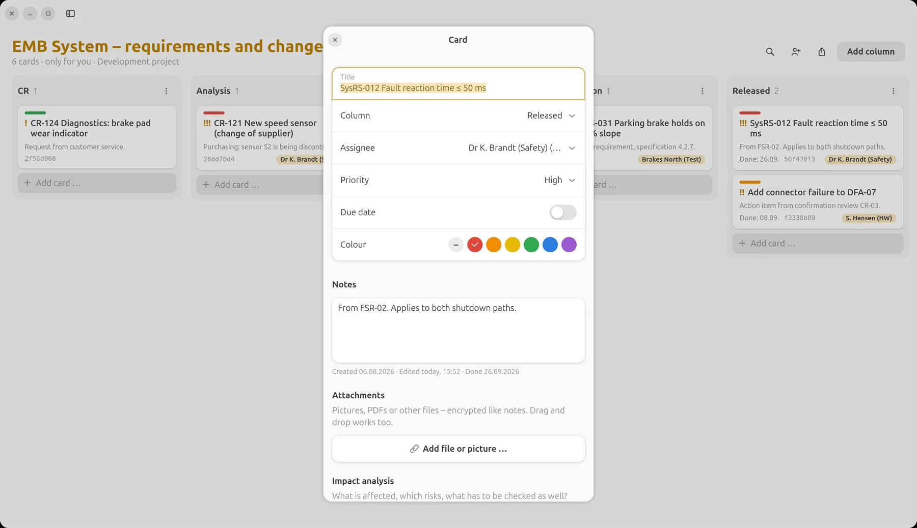 Card SysRS-012 with column, assignee, priority and notes