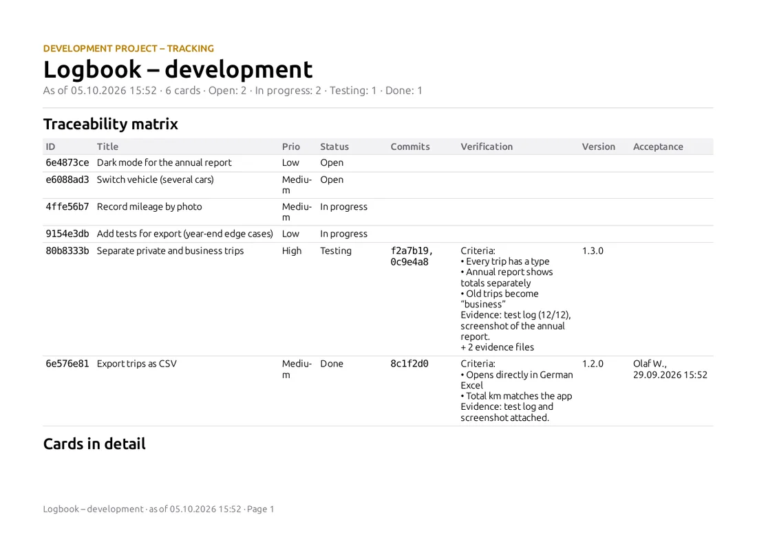 Report: traceability matrix of the logbook development board