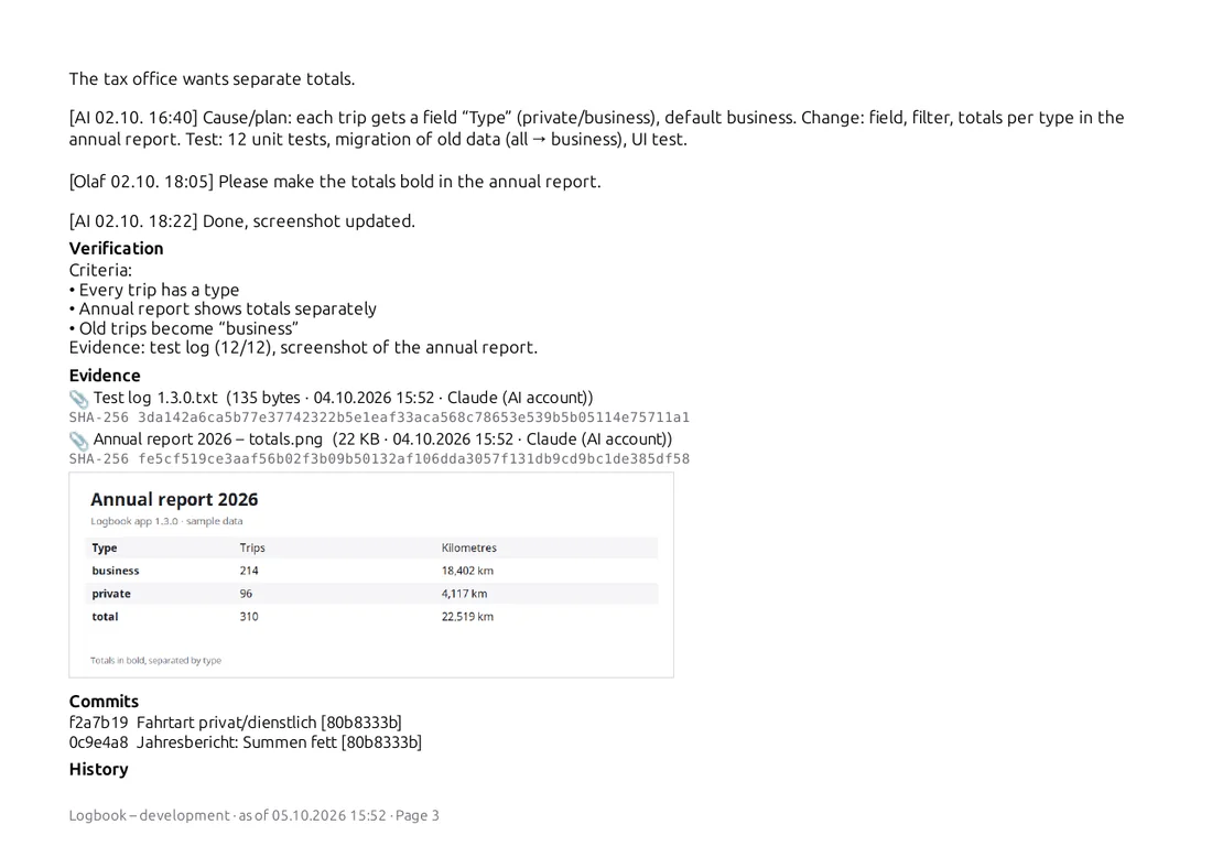 Report: detail page with test log and screenshot as evidence