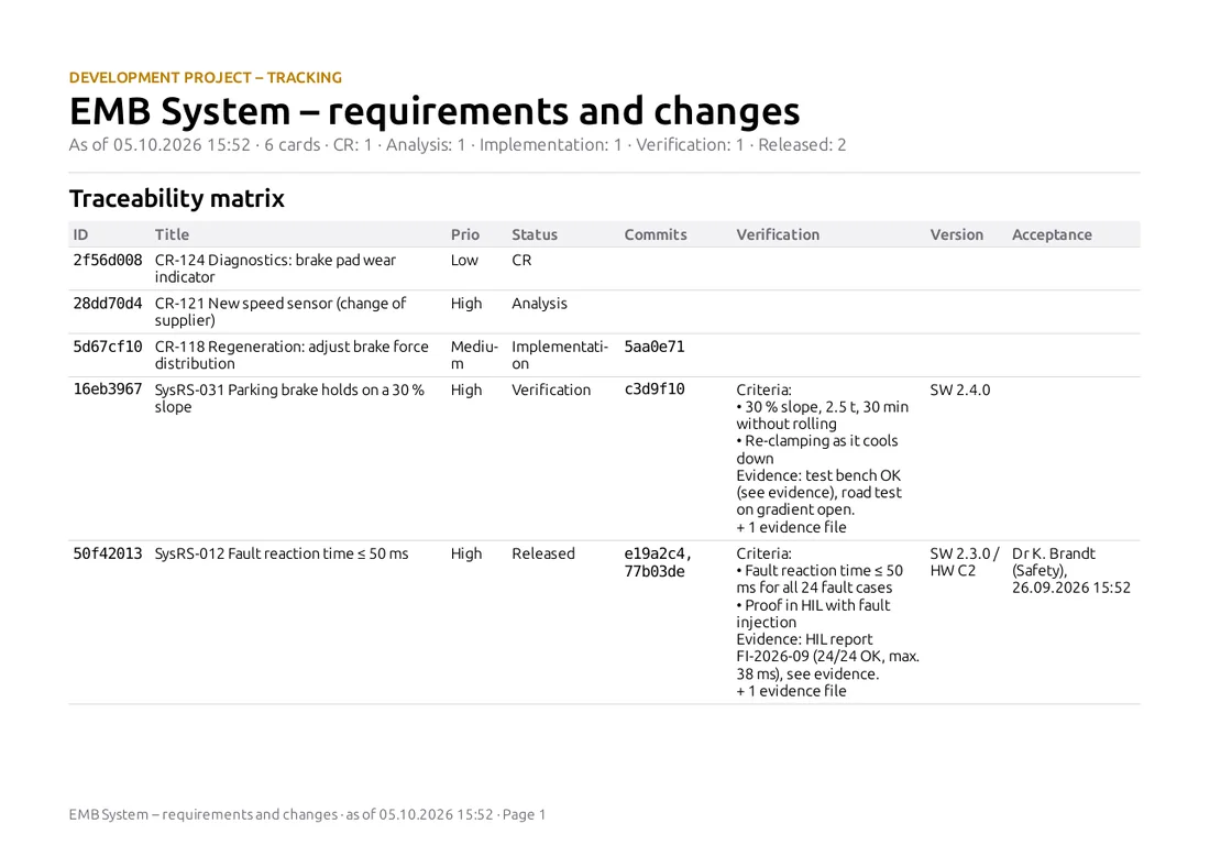 System board report: traceability matrix