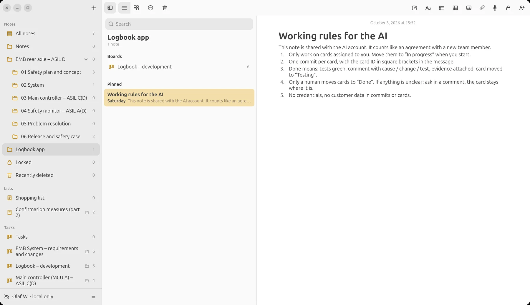 Note “Working rules for the AI” in the logbook app folder