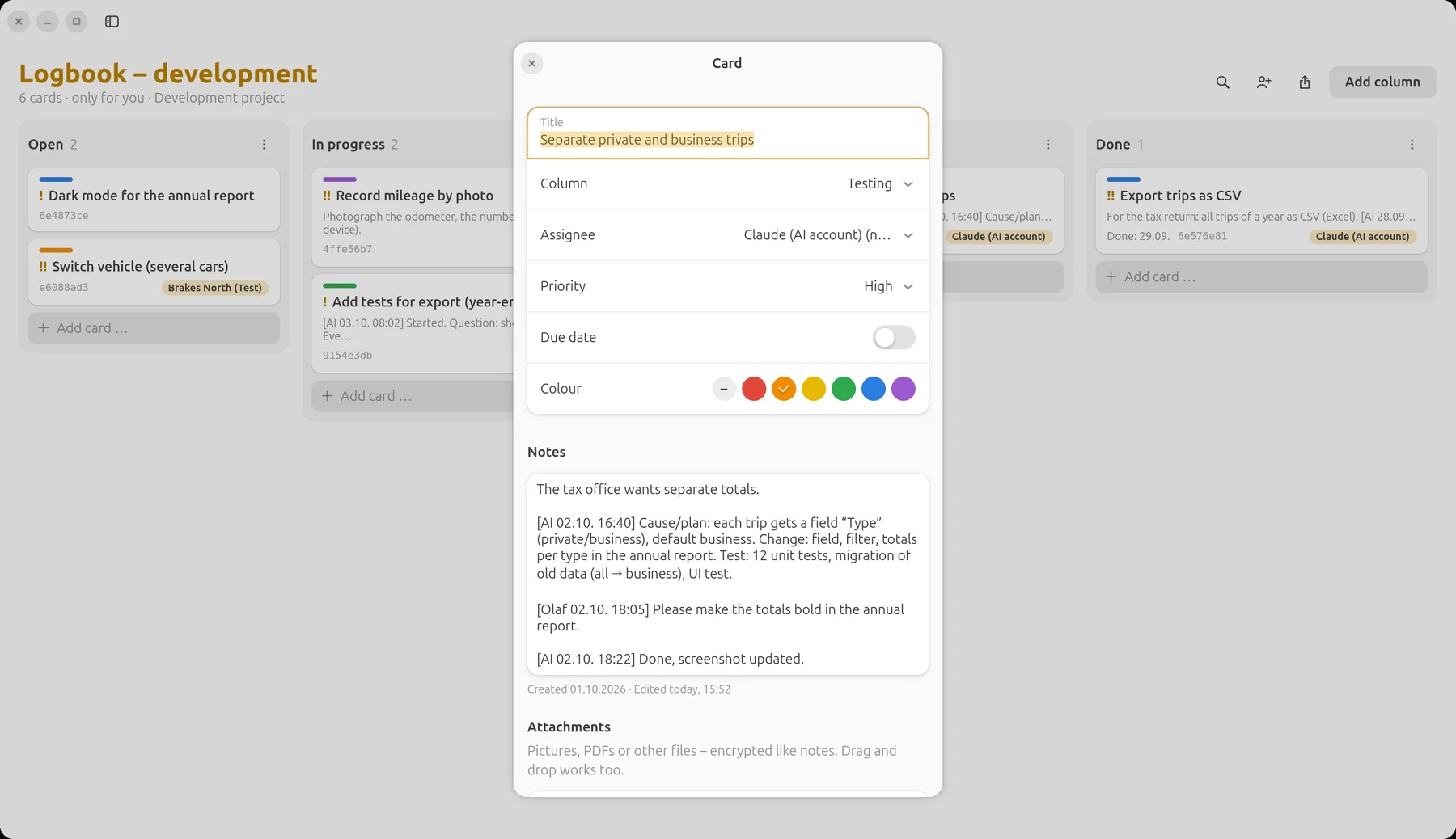 Card “Separate private and business trips”: the AI’s plan, Olaf’s request and the AI’s answer as comments