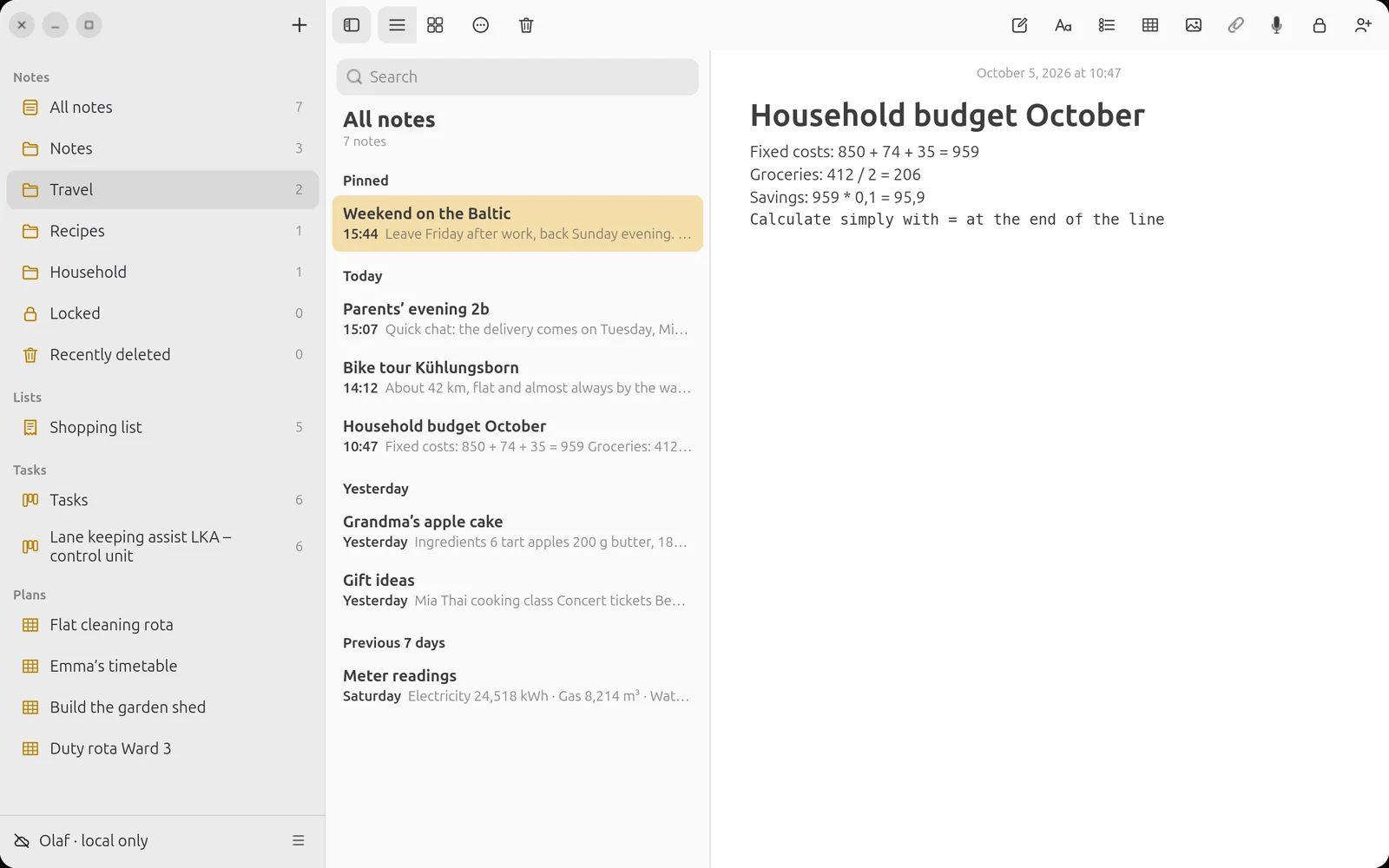 Household budget with calculations