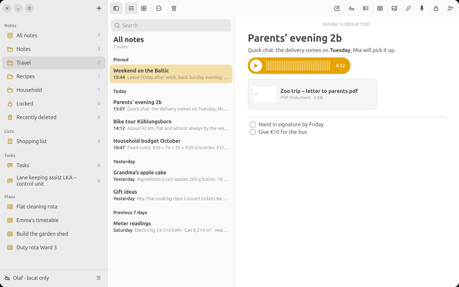 Note with audio recording and PDF attachment