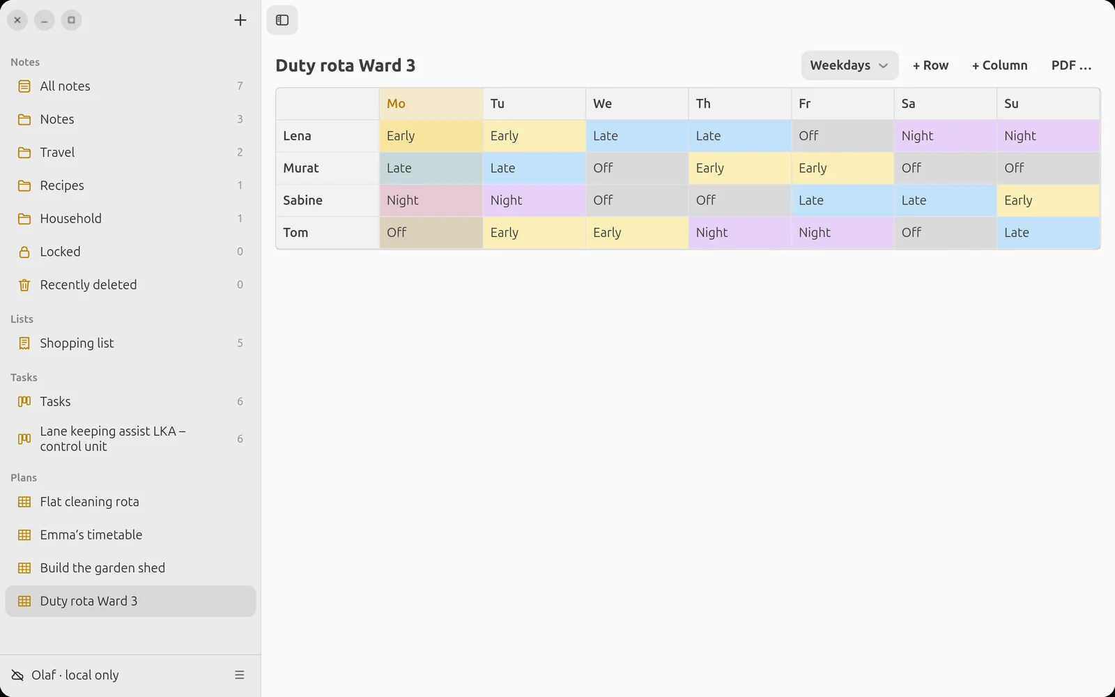 Duty rota with coloured shifts