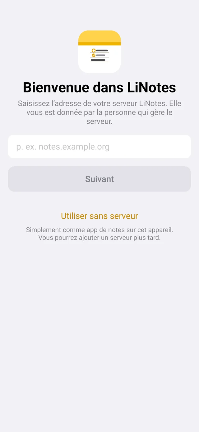 Écran d’accueil avec champ pour l’adresse du serveur et « Utiliser sans serveur »