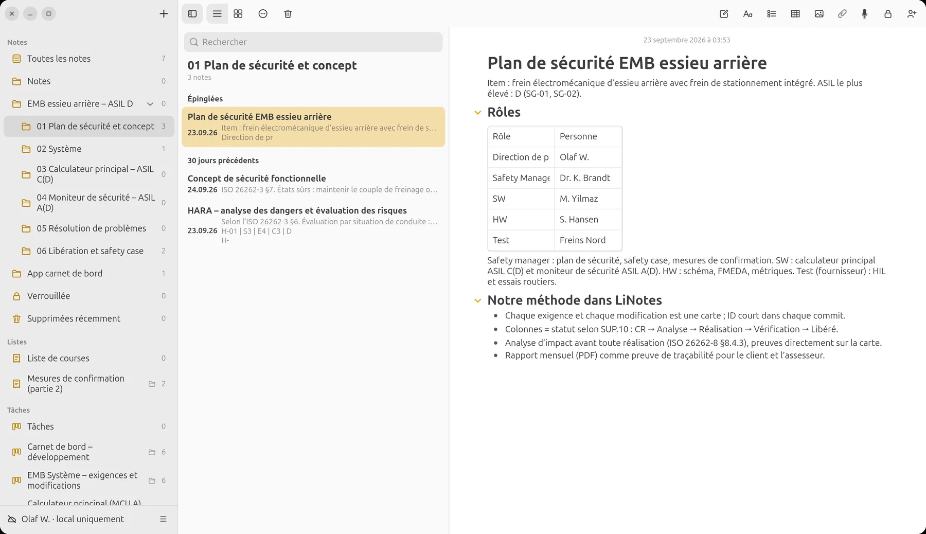 Plan de sécurité dans le dossier 01 avec tableau des rôles et méthode de travail