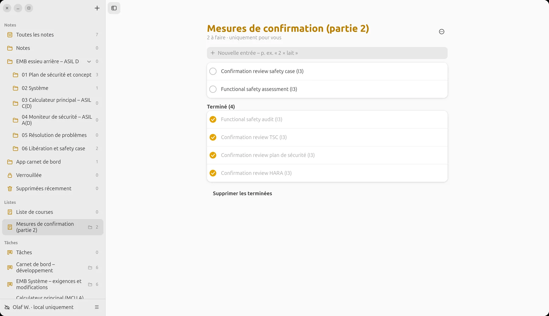 Liste des mesures de confirmation avec revues ouvertes et terminées
