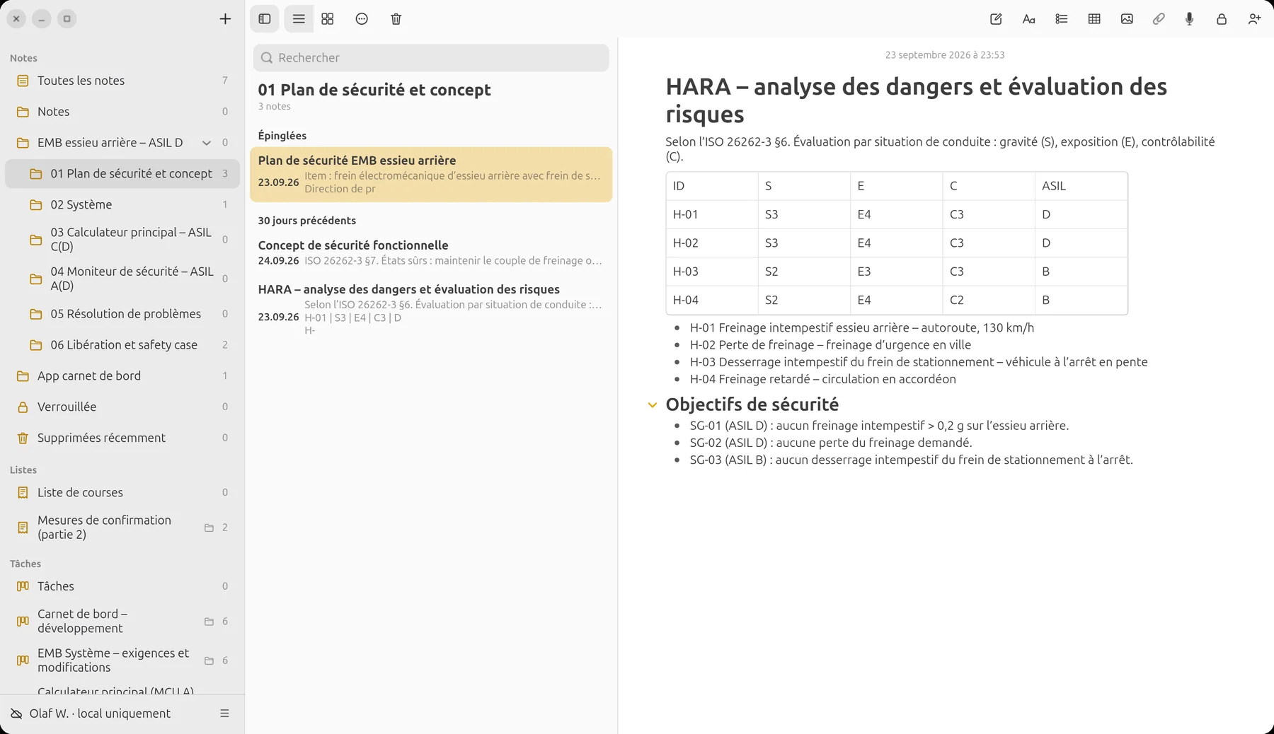 Note HARA avec tableau S/E/C/ASIL et objectifs de sécurité
