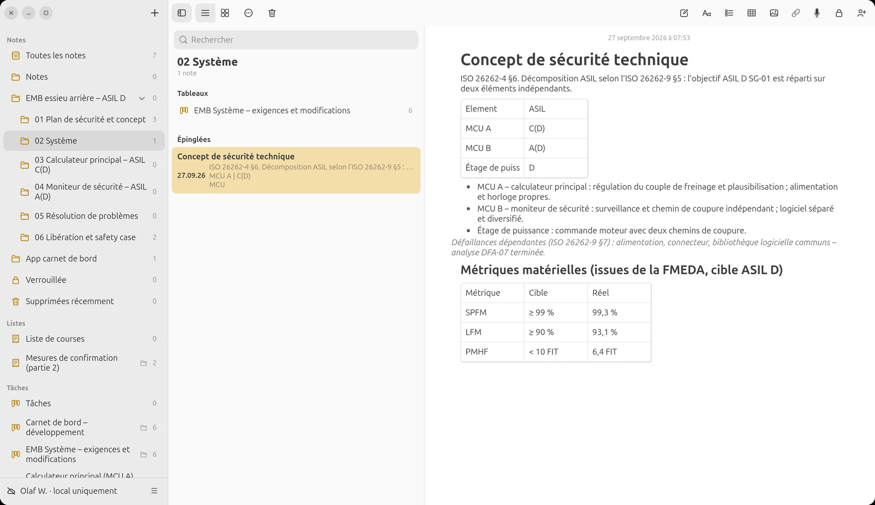 Concept de sécurité technique avec tableau de décomposition et métriques matérielles