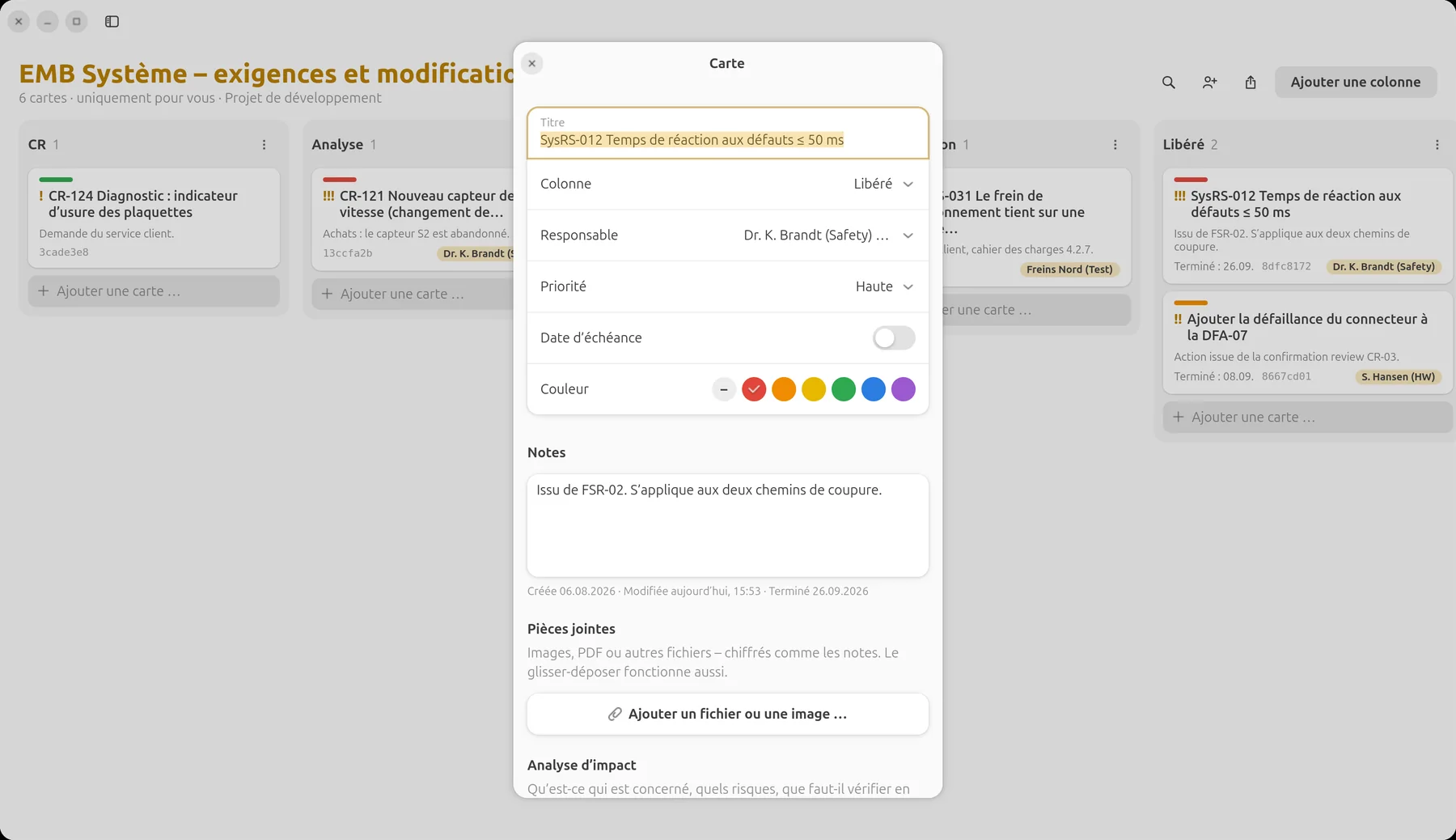 Carte SysRS-012 avec colonne, responsable, priorité et notes