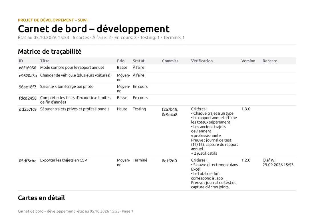 Rapport : matrice de traçabilité du tableau de développement du carnet de bord