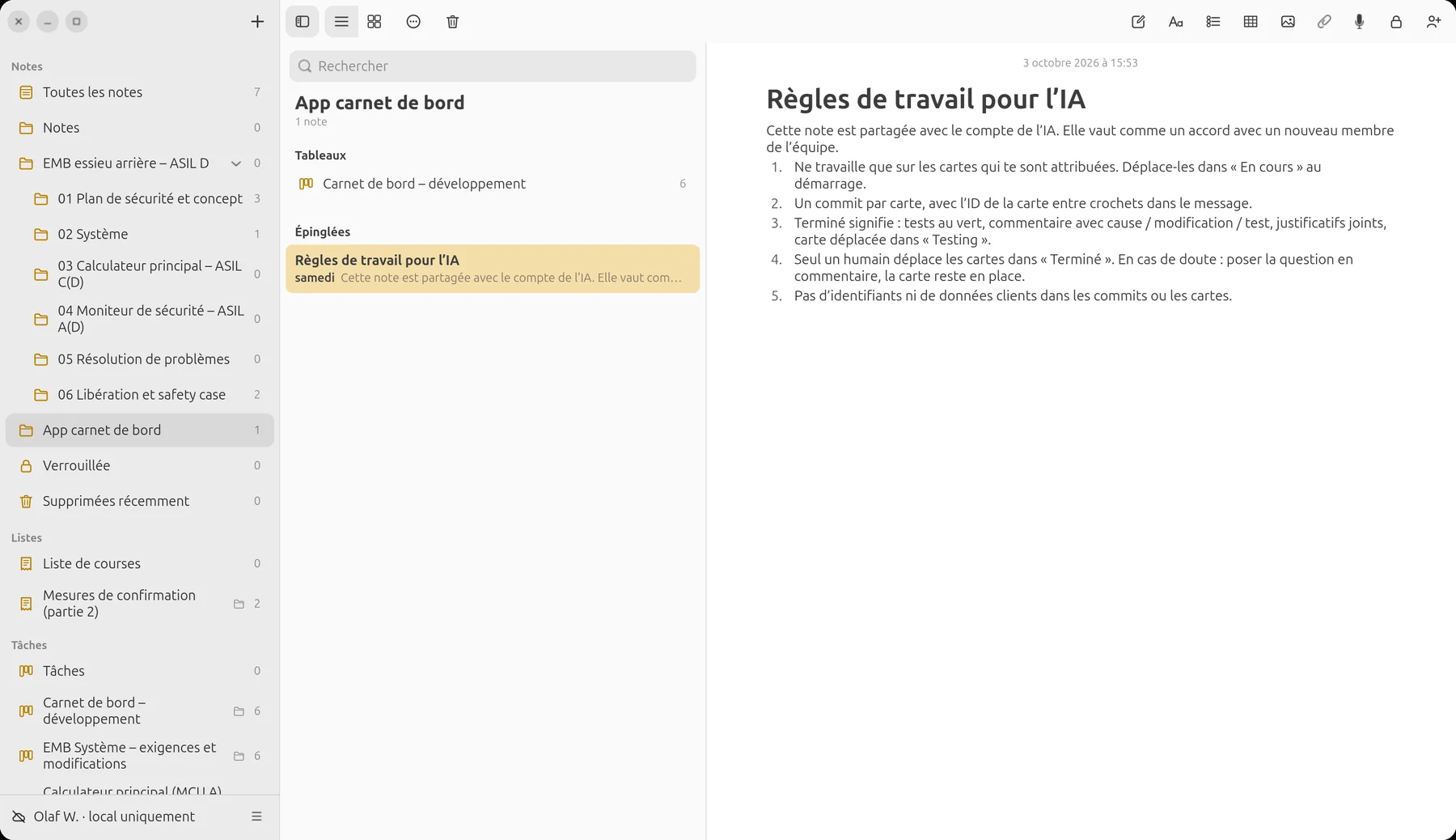 Note « Règles de travail pour l’IA » dans le dossier de l’app carnet de bord