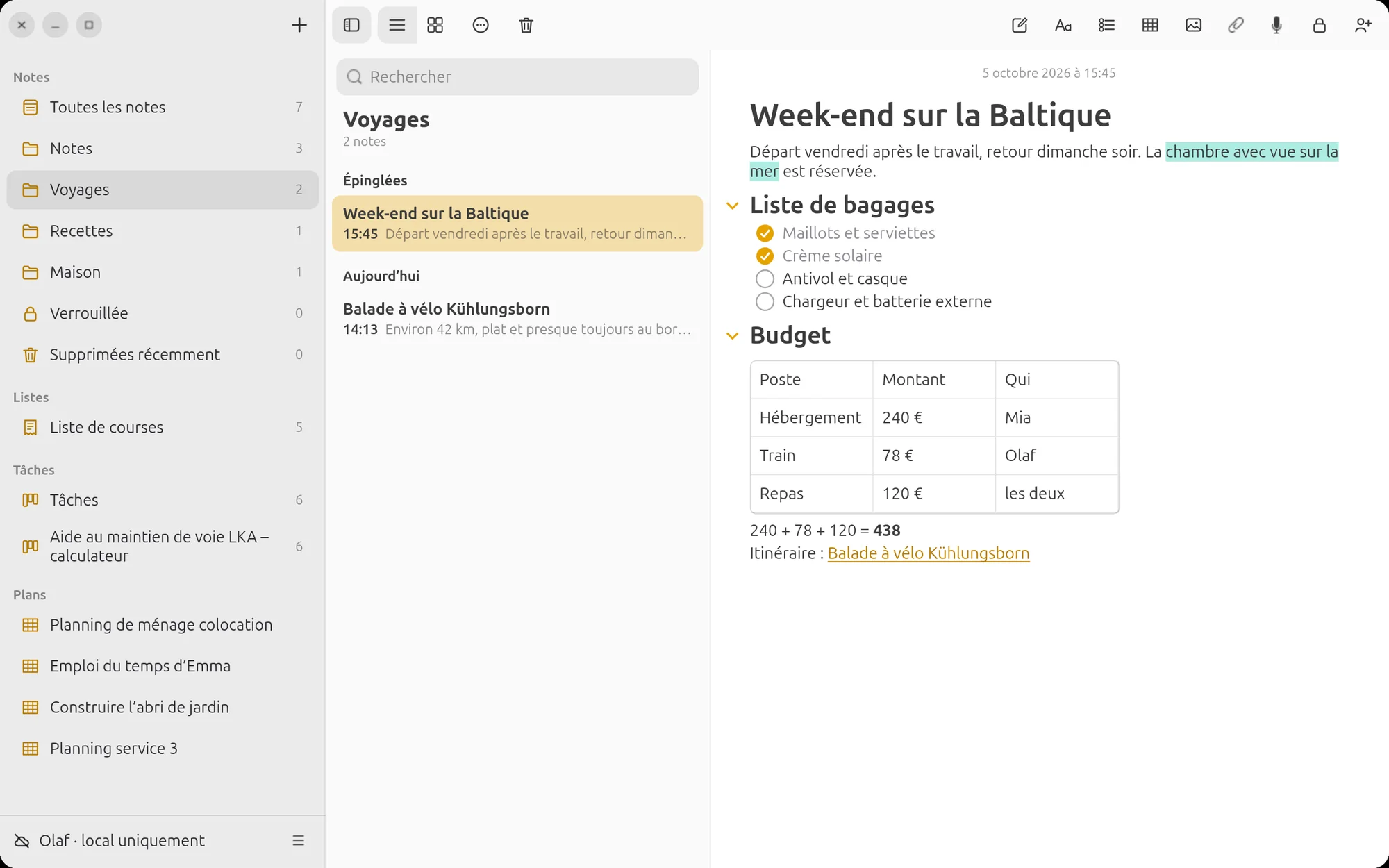 Note avec tableau