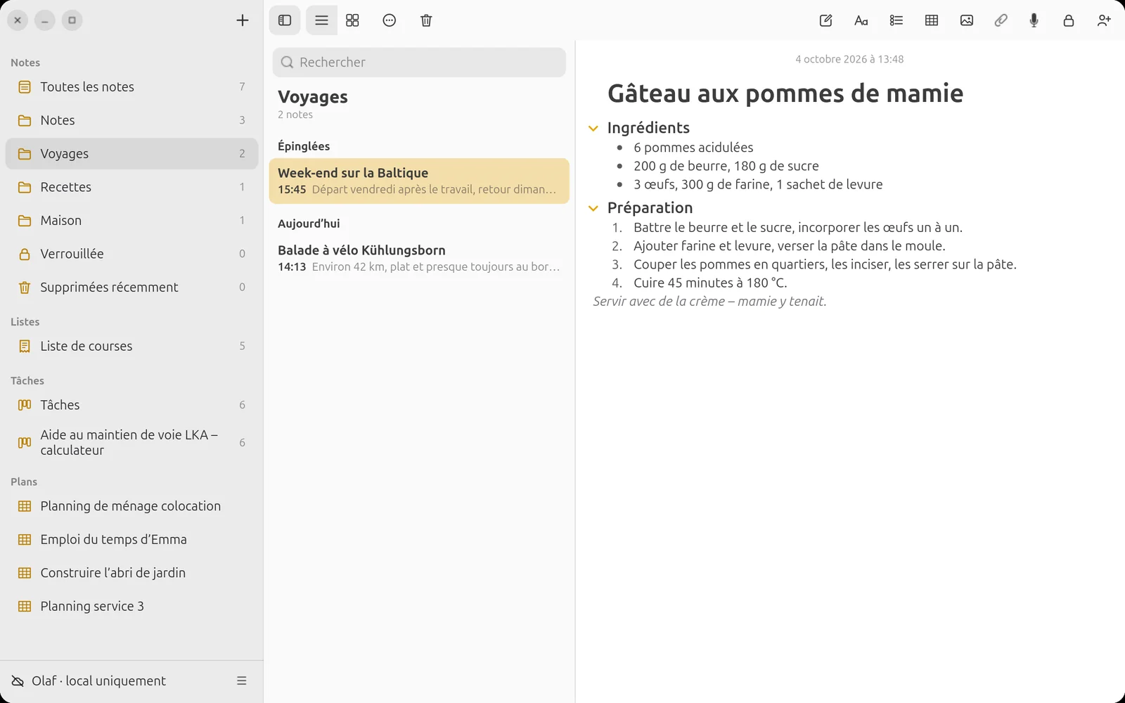 Recette avec liste d’ingrédients et étapes de préparation