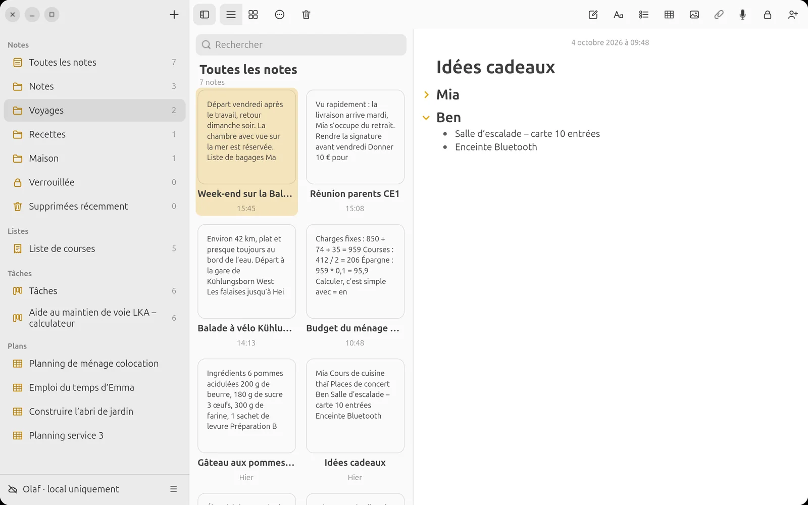 Vue galerie des notes