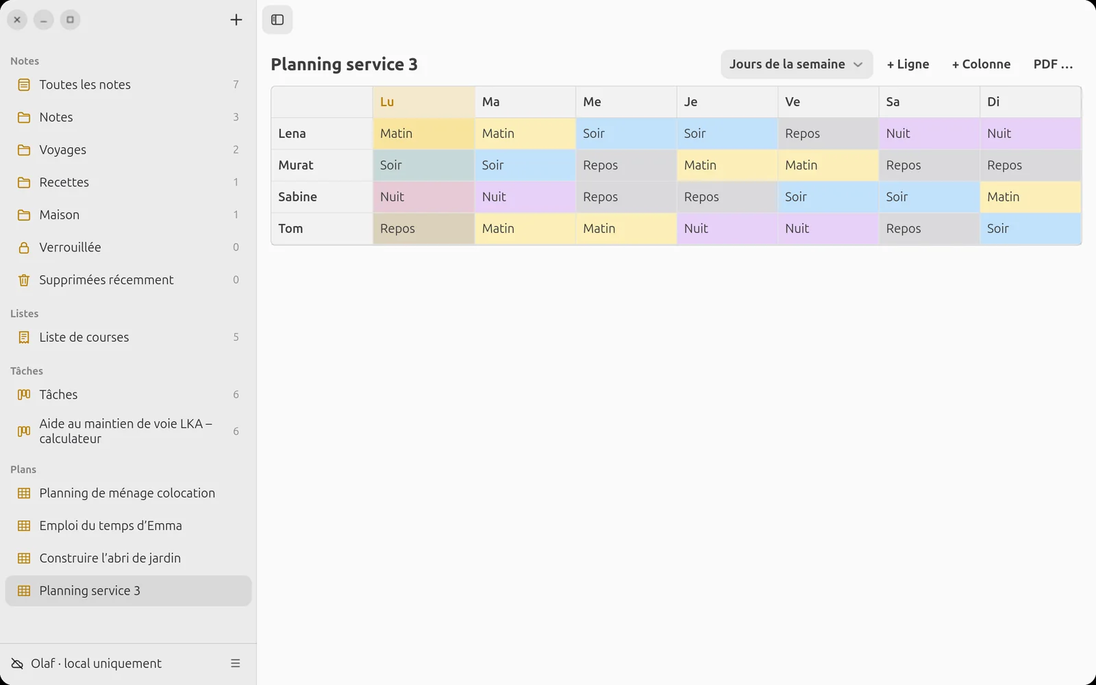 Planning de service avec équipes colorées