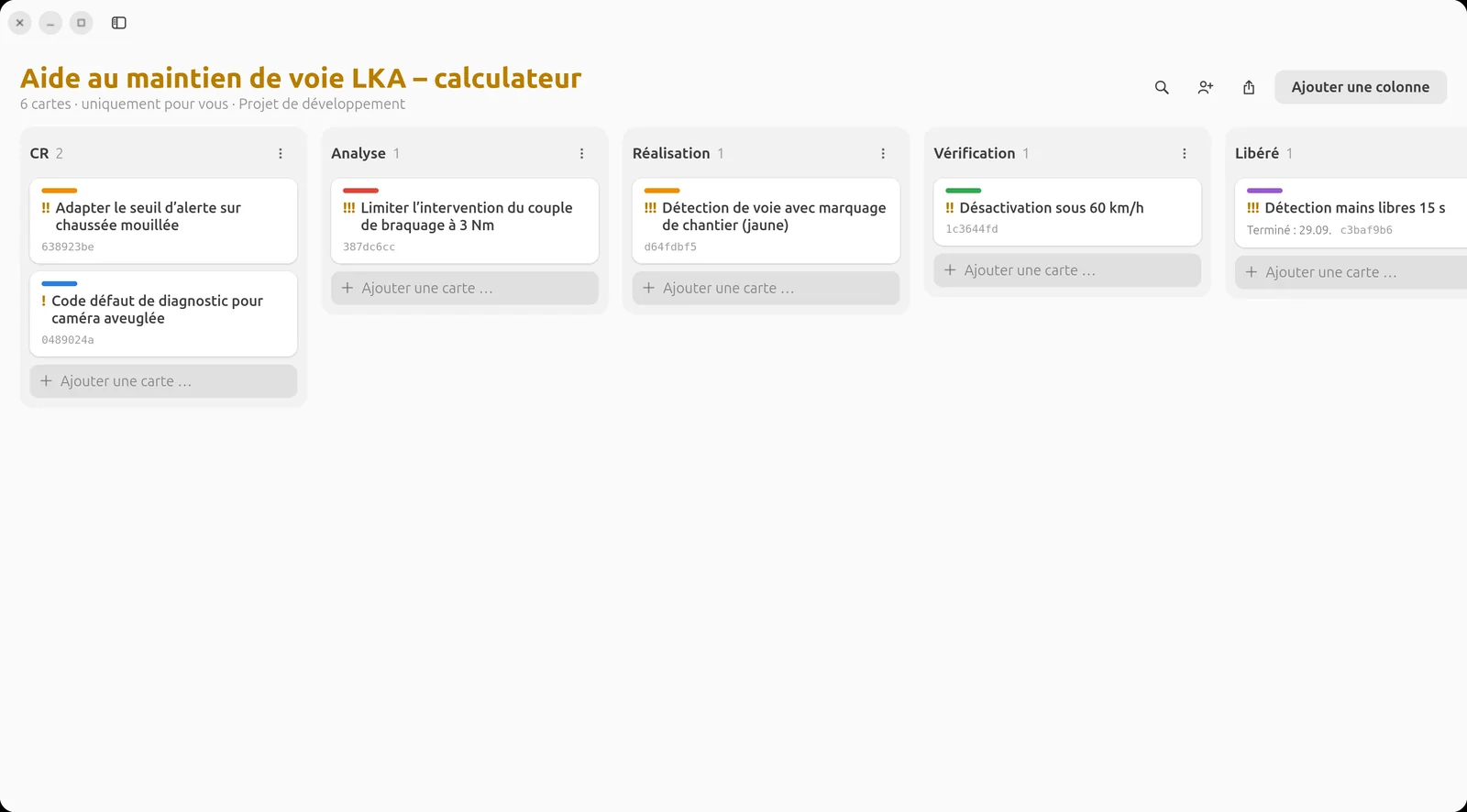 Projet de développement « Spurhalteassistent LKA – Steuergerät » (calculateur d’aide au maintien de voie) avec les colonnes CR, Analyse, Réalisation, Vérification et Libéré