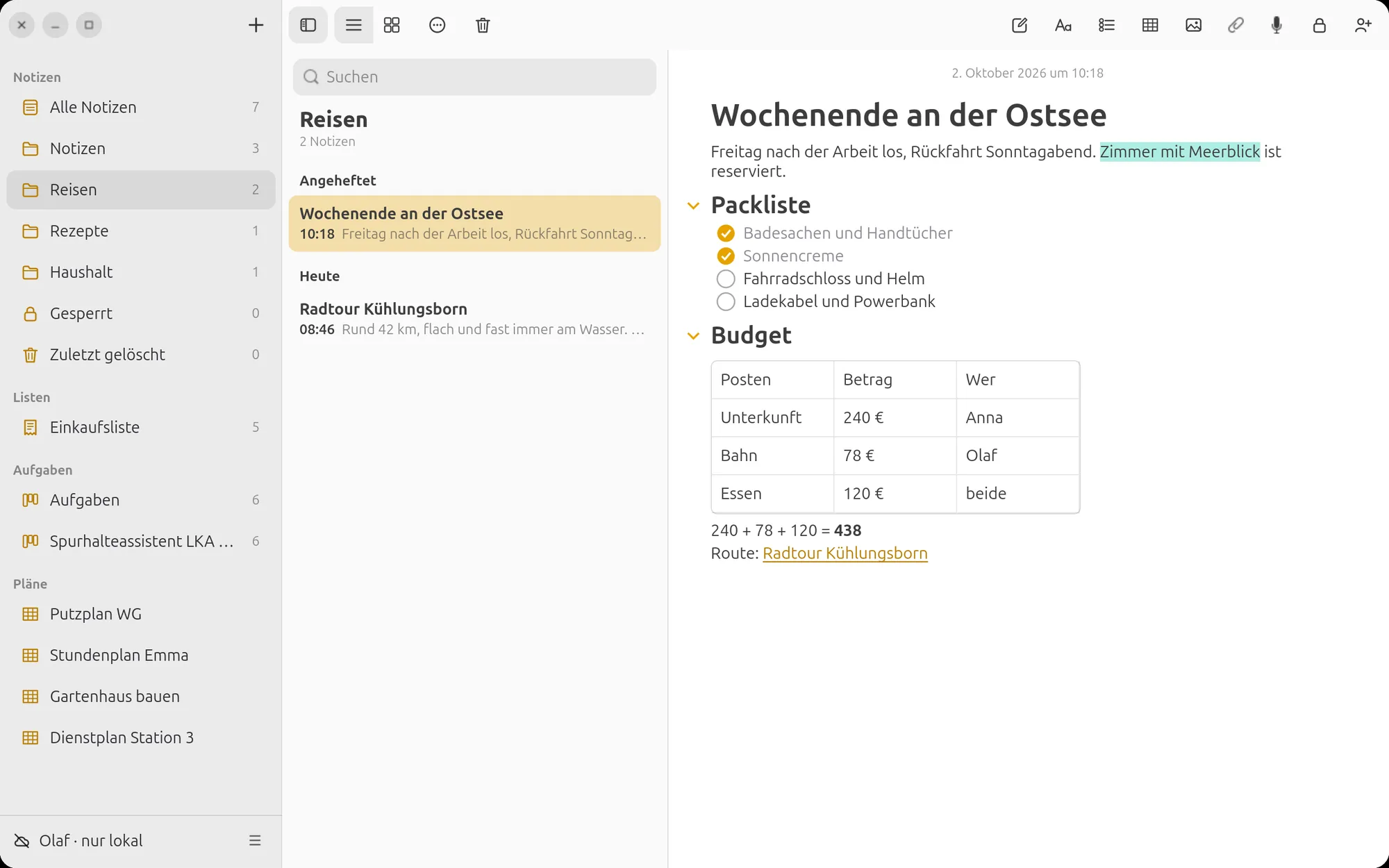 LiNotes unter Ubuntu: Notiz „Wochenende an der Ostsee“ mit Checkliste, Tabelle und Rechnung