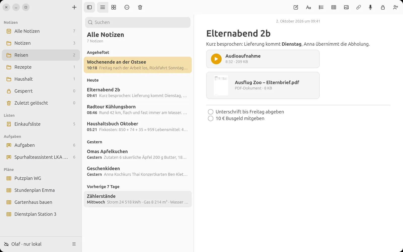 Notiz mit Audioaufnahme und PDF-Anhang