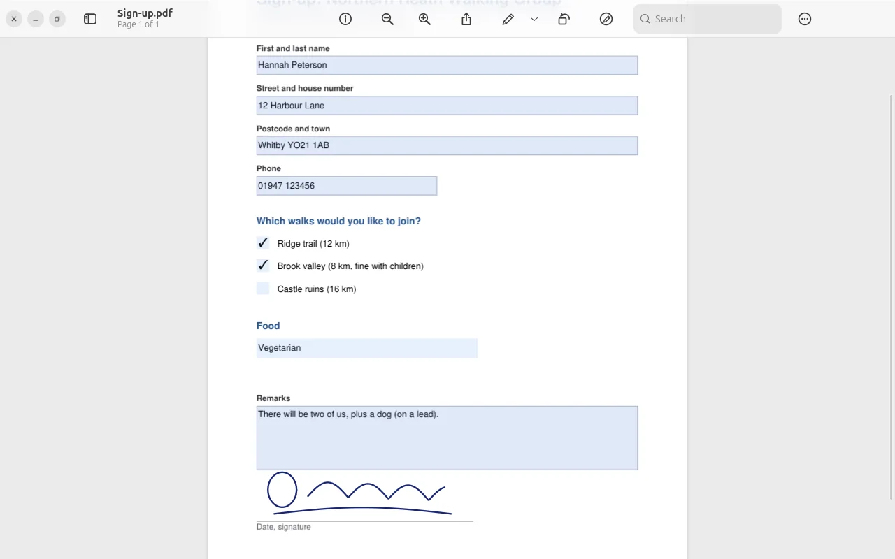 Filled-in form with signature