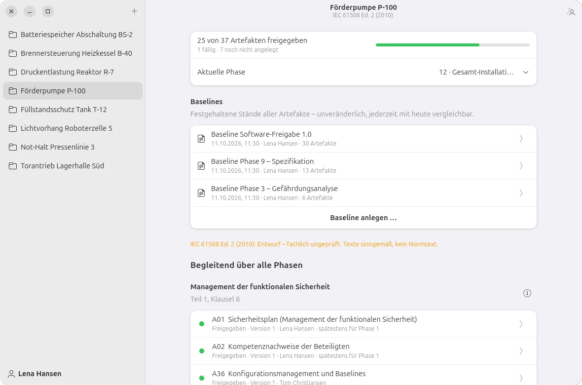 SafetyNet unter Ubuntu: acht Projekte, im Beispiel „Förderpumpe P-100“ sind 25 von 37 Artefakten nach IEC 61508 freigegeben, mit drei Baselines