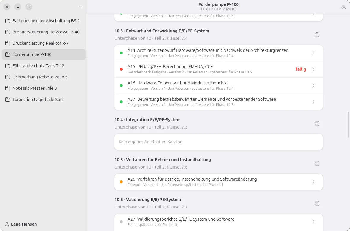 Phasenplan weit im Projekt: freigegebene Artefakte grün, eine nach der Freigabe geänderte Berechnung rot und fällig